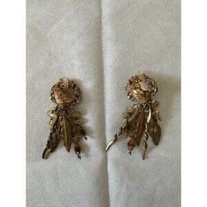 Vintage Chipita Beige Stone Marble Jasper bead leather Clip Back 3” Long